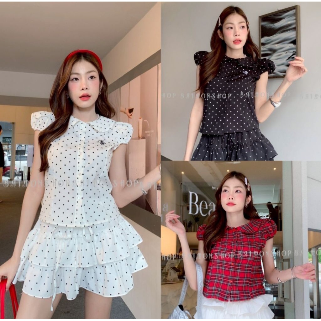 เสื้อคอบัว แขนตุ๊กตา ลายจุด ติดกระดุม งานฮิตสุดๆ ผ้านิ่ม