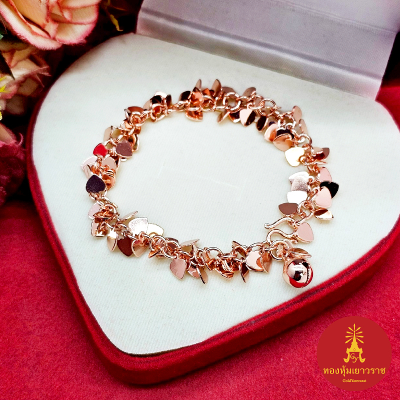 สร้อยข้อมือนาก ลายพวงหัวใจห้อยกระพรวน ความยาว 6.7 นิ้ว ชุบนาก โรสโกลด์ แฟชั่น ดีไซน์สวยงาม ดูดี เรียบหรู #ข้อมือนาก