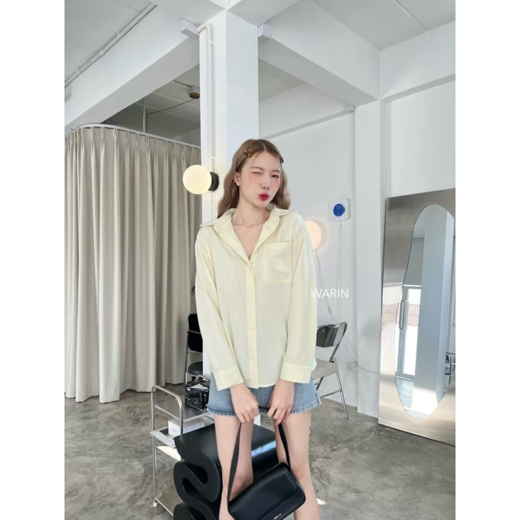 Warin Brand เสื้อเชิ้ตแขนยาวไหมอิตาลีลายปักWR สีเหลืองอ่อนพาสเทล