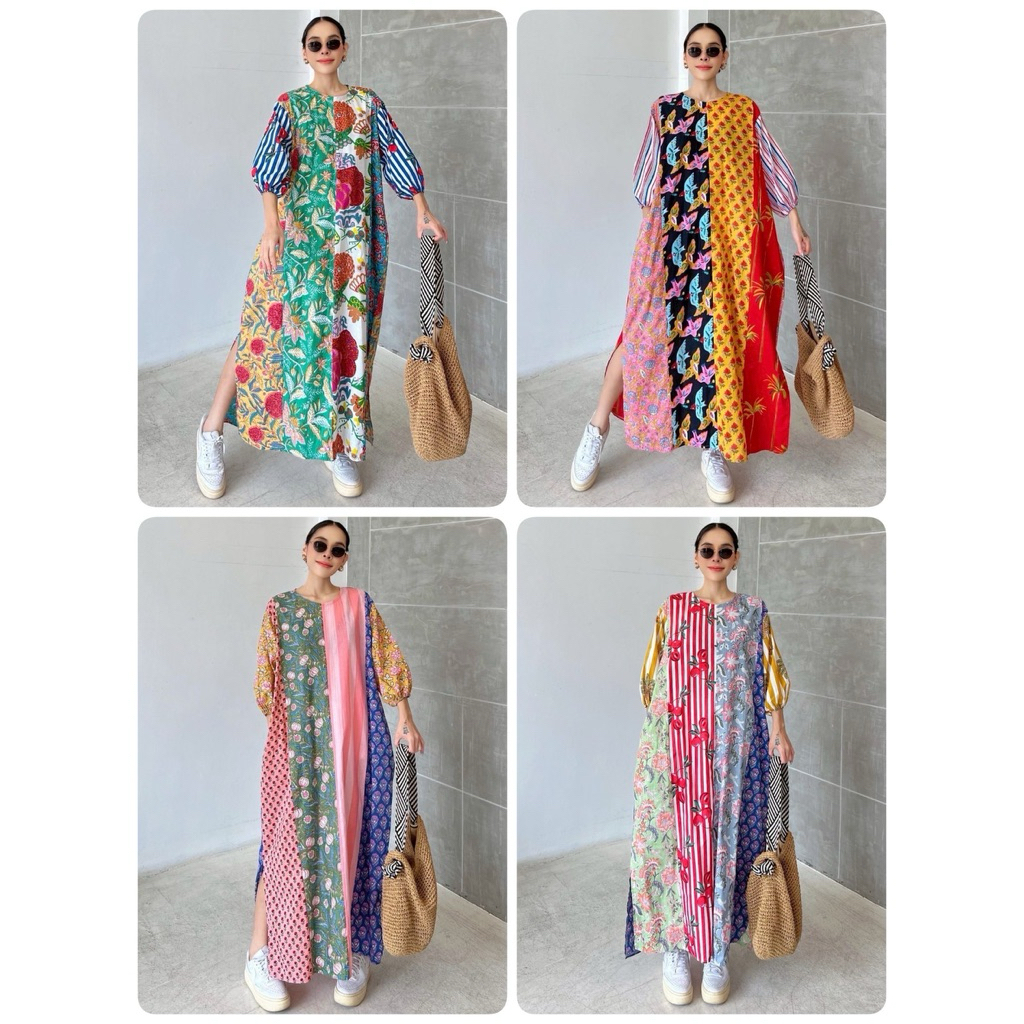 lSSARA (IC25-D333-1) เดรสผ้าคอตตอนอินเดียตัดต่อลาย ดีไซน์คอกลม ทรงA /อก50นิ้ว/ผู้ใหญ่/