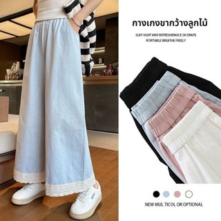 กางเกงขากว้างเย็บลูกไม้สีชมพูป่าสำหรับผู้หญิง ฤดูใบไม้ผลิและ…