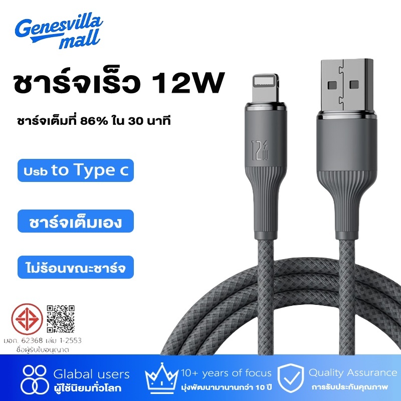 GenesVilla สายชาร์จเร็ว PD 12W สายถักไนลอน USB to Li Cable Quick charge ชาร์จเร็วมือถือ iP6-7/Pad 9.7