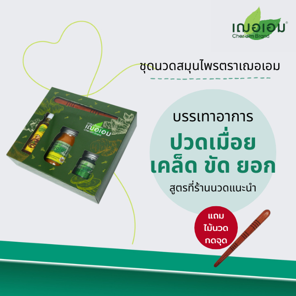 เฌอเอม GiftSet ชุดนวดสมุนไพรตราเฌอเอม ( ยาหม่องไพล / ยาหม่องเสลดพังพอน / ยาน้ำมันเหลือง / ไม้นวดกดจุด )
