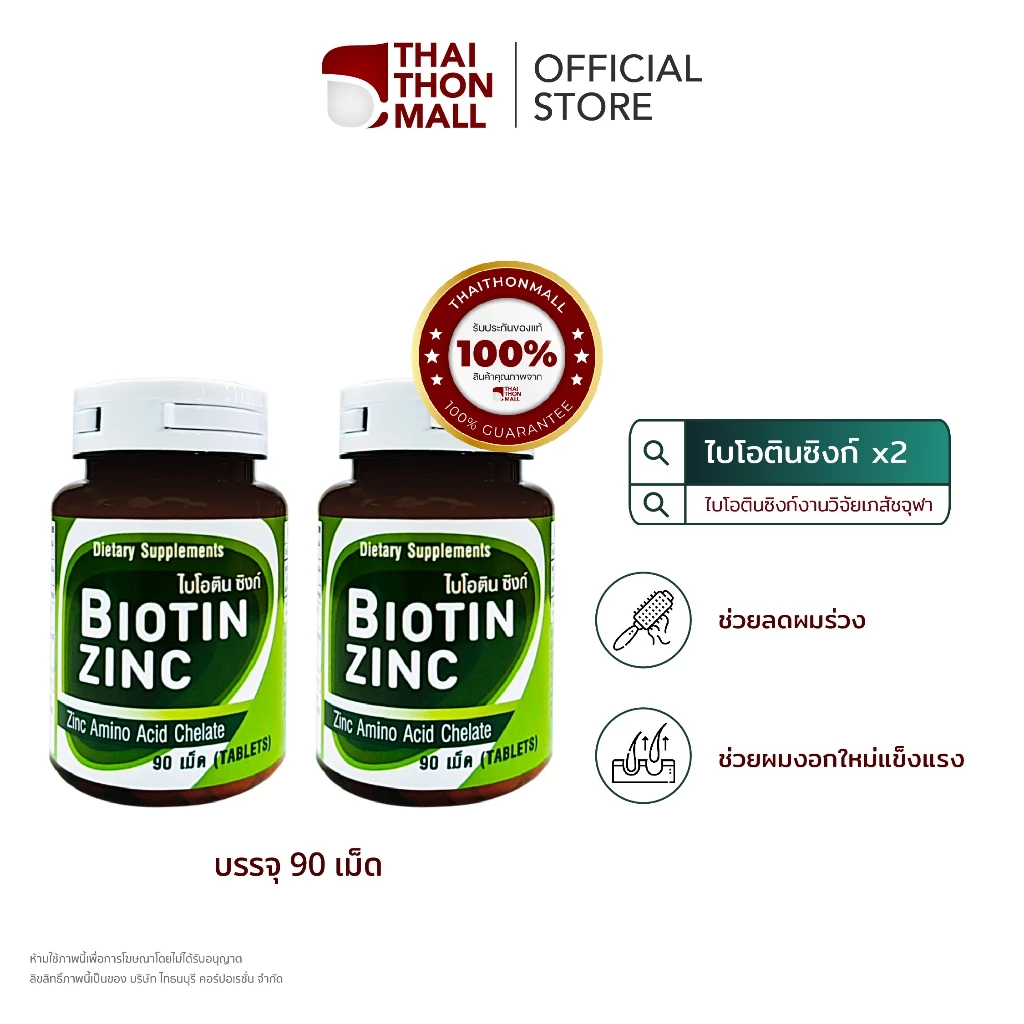 Biotin Zinc วิตามินลดอาการผมร่วง เส้นผมและเล็บแข็งแรง ไบโอทิน ซิงก์(2 กระปุก 180 เม็ด)