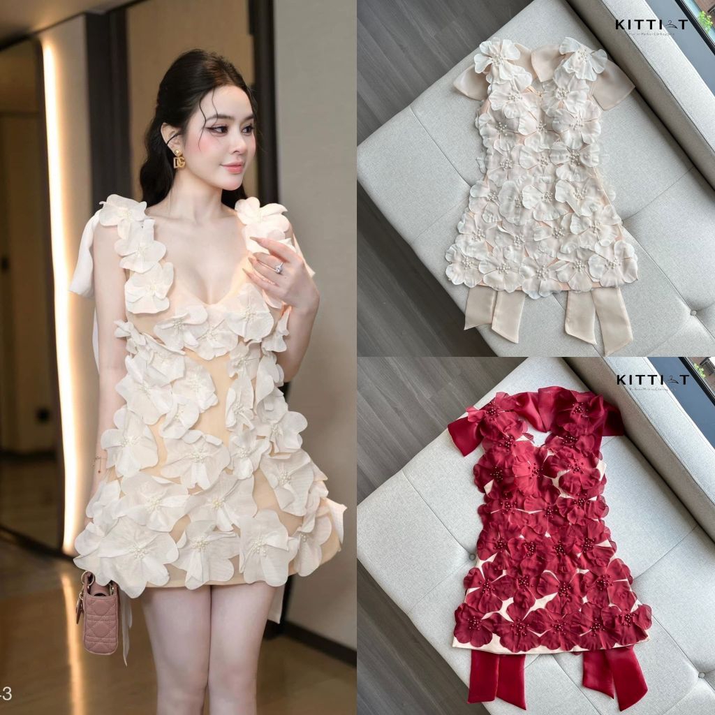 KITTI -T Dress  น้องใหม่สวยหรูดูแพง งานสวย details จัดเต็ม ปักดอกไม้ทั้งชุด ดอกไม้ทำด้วยผ้าชีฟองปักมุก