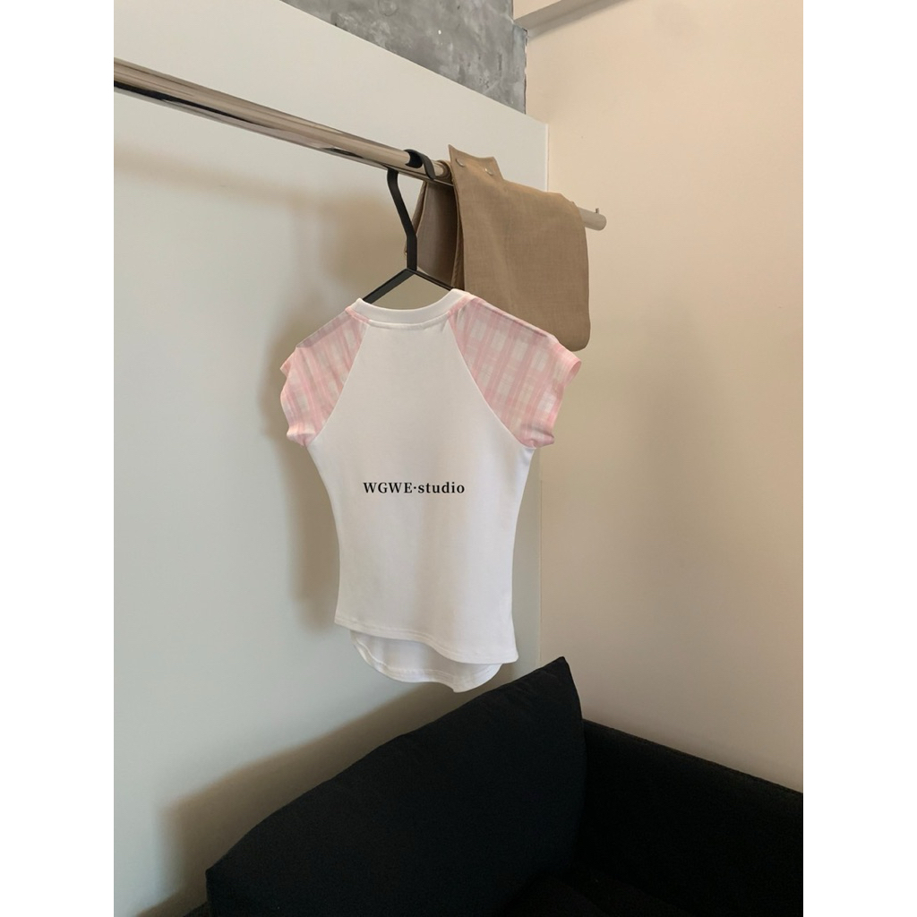 WG.WE 5801 🌺🍓 เสื้อยืดคอกลมแขนสั้น ต่อแขนผ้ามุ้ง สกรีนลายด้านหน้า - รูปที่ 7