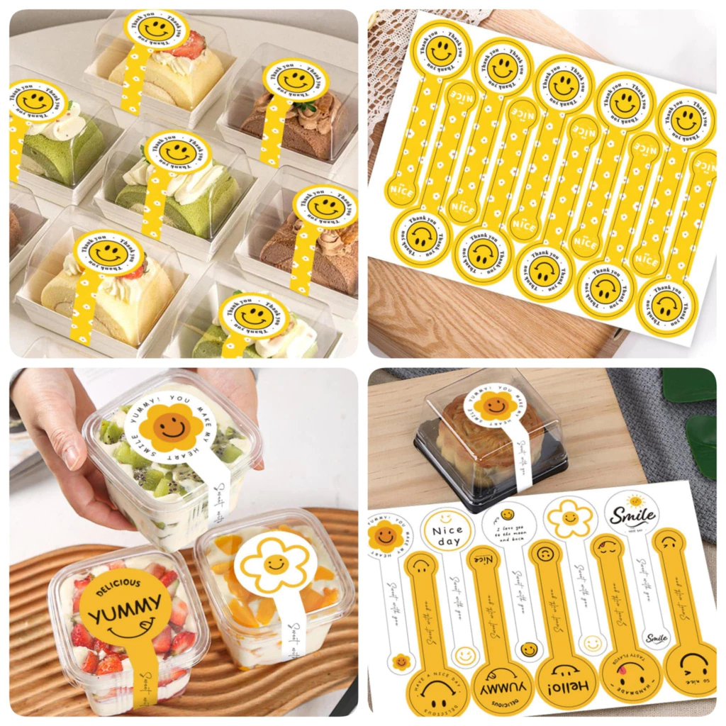 ( hh ) สติกเกอร์แถบยาว ลายหน้ายิ้ม ส้ม+เหลือง คาดกล่องขนม เบเกอร์รี่ ขนาด 3*10 ซ.ม ( 100 ดวง/แพค )