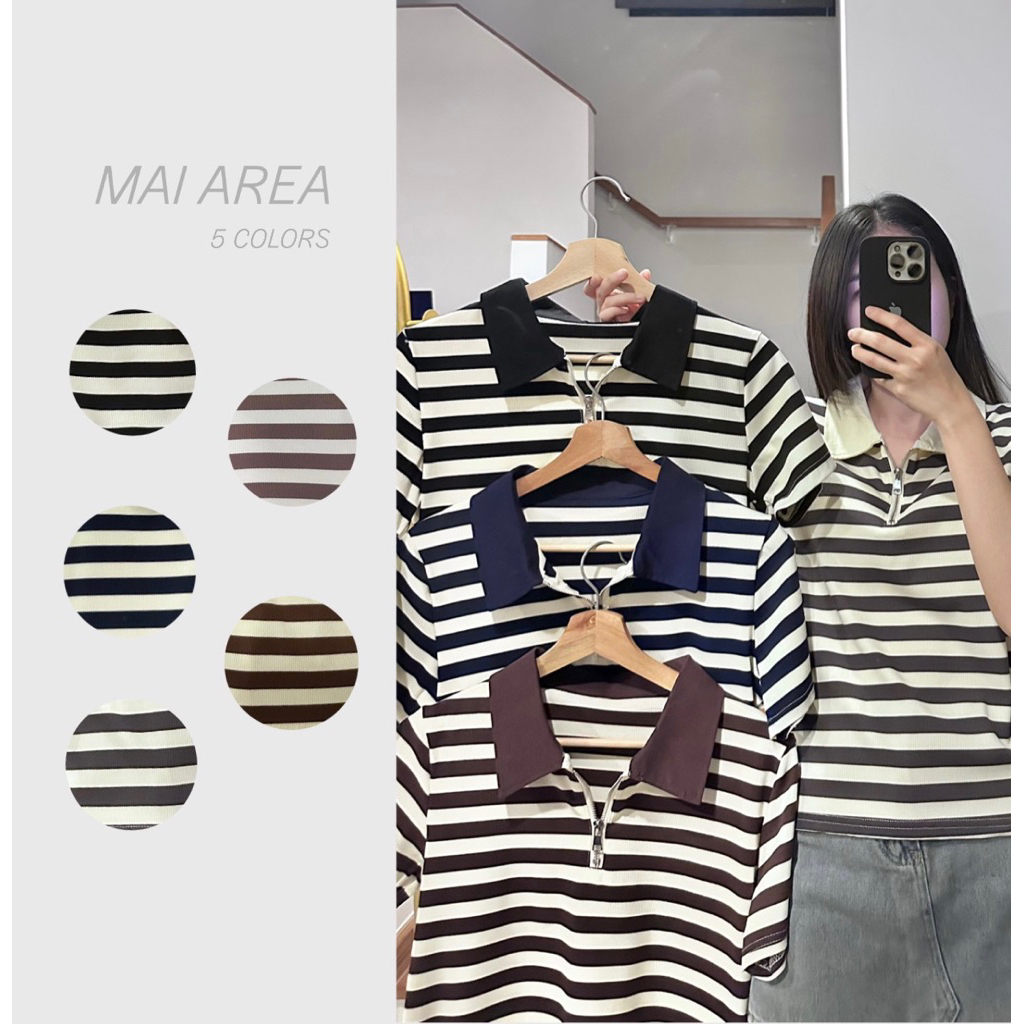 ✿MAI AREA✿ ​114 เสื้อคอปกลายทางมีซิปผ้าเบาใส่สบาย