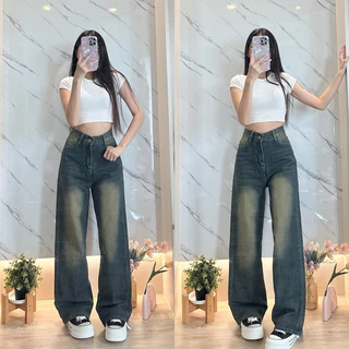 ⭐919JEANS⭐กางเกงยีนส์กระบอกใหญ่ยีนส์สนิมเขียวฟอก กางเกงยีนส์ขายาวเอวสูงทรงกระบอก