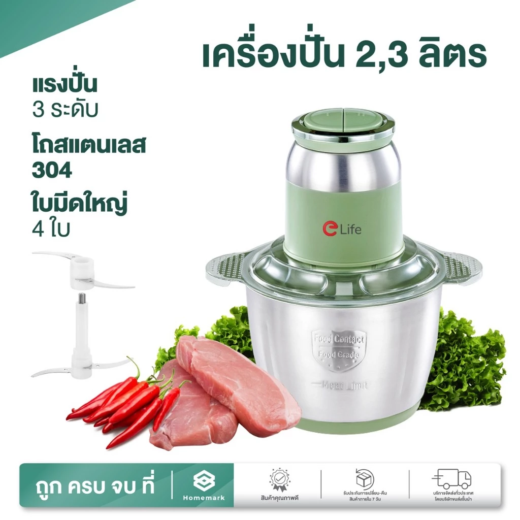 Homemark เครื่องปั่นอาหาร ประกัน1ปี ปั่นเนื้อสัตว์ ผักผลไม้ แรงปั่น 2ระดับ เครื่องบดสแตนเลส Food Grade ปลอดภัย