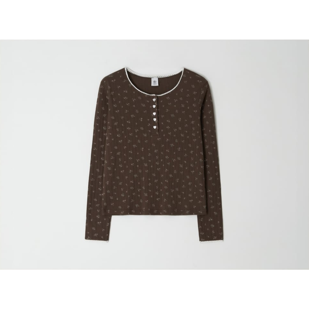 Ronron Eyelet Heart Button Henryneck Long Sleeve (Floral Brown, Floral Ivory, Black)