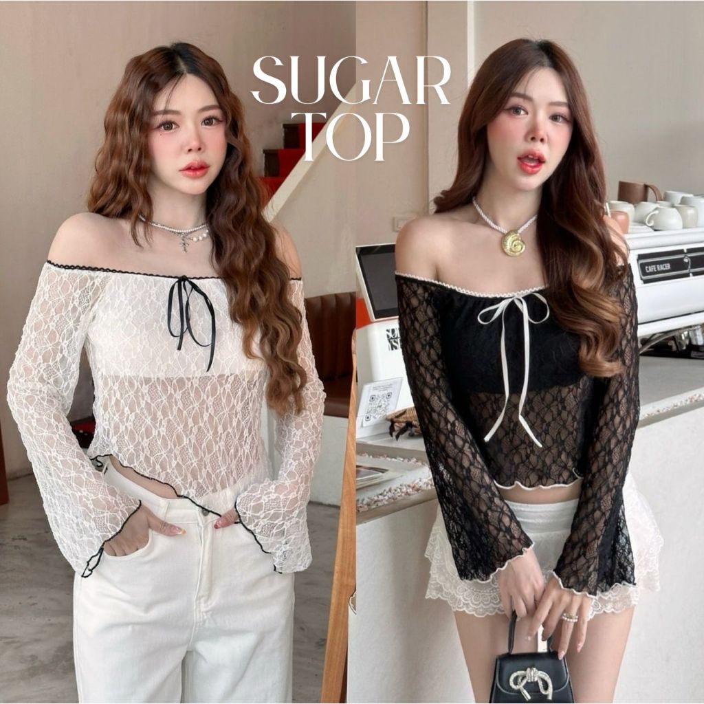 Sugar top เสื้อปาดไหล่แขนยาวผ้าลูกไม้ เสื้อแขนยาวผ้าซีทรูแต่งโบว์อก งานเซ็กซี่ แอบน่ารัก สาวอวบใส่ได้ Sheeny. (S025)