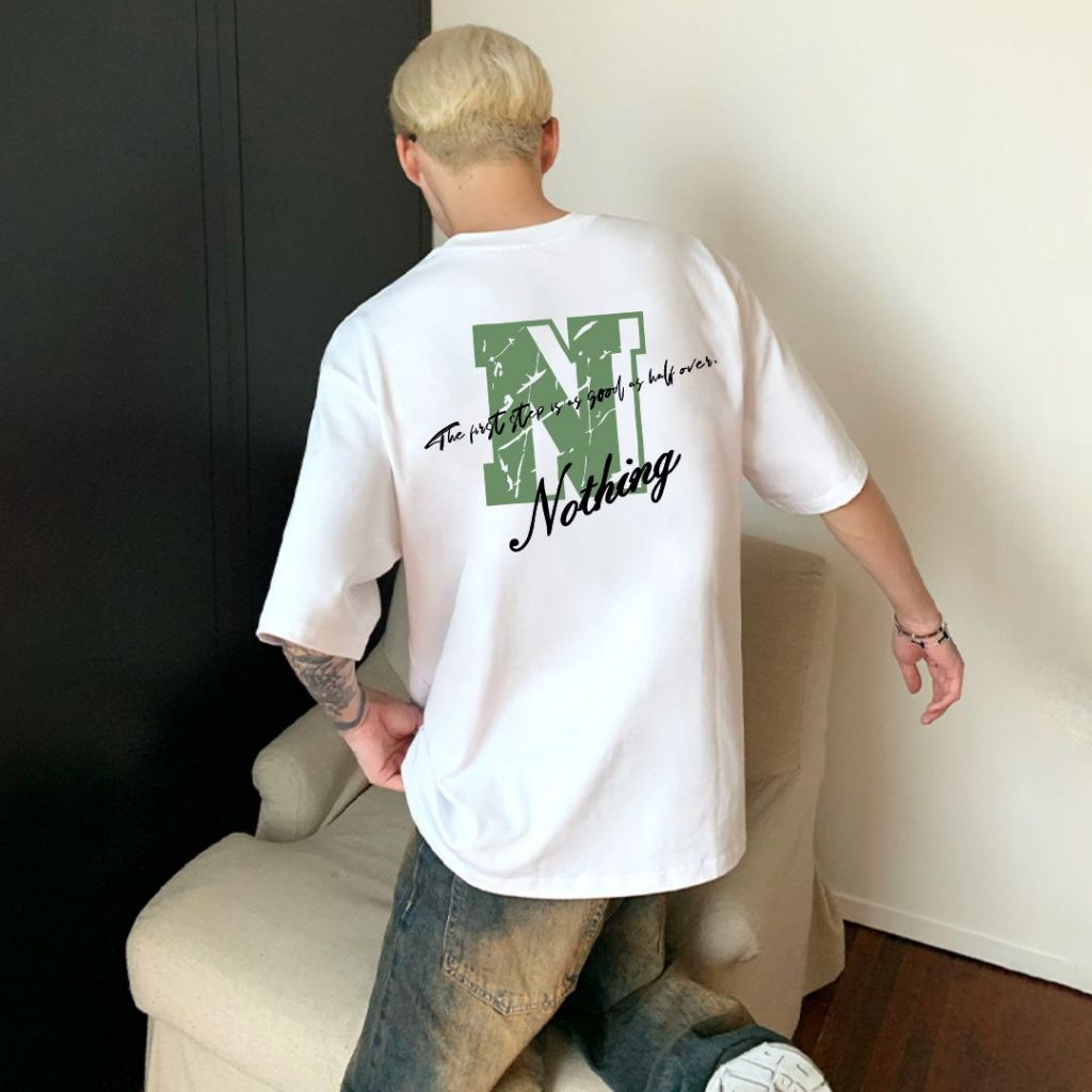Y-T💯เสื้อยืด oversize ผ้าฝ้าย100% ลาย "NOTHING N" เสื้อยืดชาย สกรีนลาย สวมใส่สบาย ไม่หดตัว แฟชั่น เสื้อเท่ๆ แนวสตรีท