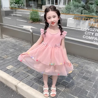 PRINCESS KESLI ชุดเดรสเจ้าหญิง คอกลม แขนพอง พิมพ์ลายดอกไม้ ประดับโบว์ สําหรับเด็กผู้หญิง 1-9 ปี