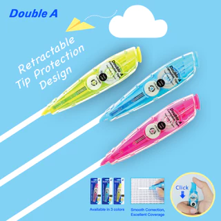 [เทปลบแท่งยาว] Double A เทปลบคำผิด ขนาด 6 มม. x 5 ม. คละสี จำหน่าย 1 ชิ้น