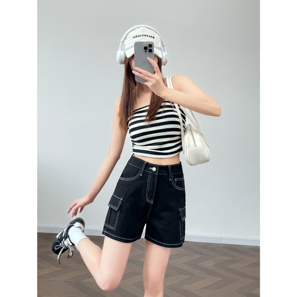 S-5XLกางเกงยีนส์ขาสั้นทรงคาร์โก้ เอวสูงเหนือสะดือ นื้อผ้ายีนส์ไม่ยืด - รูปที่ 4