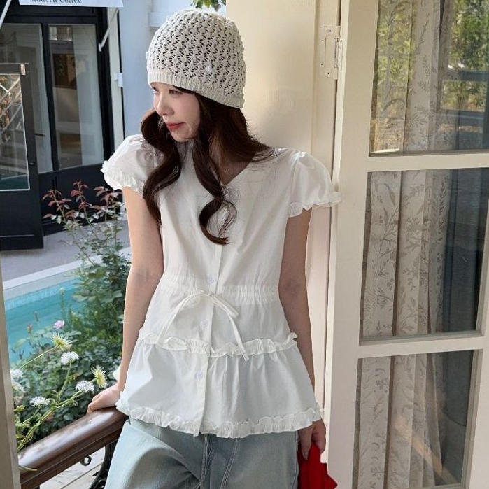 shayne-เสื้อสุภาพสตรี แขนสั้น สีทึบ คอวี ประเภทรุ่น Slim Fit สดชื่น ความเรียบง่าย หวาน แฟชั่นฤดูร้อน วิทยาลัย