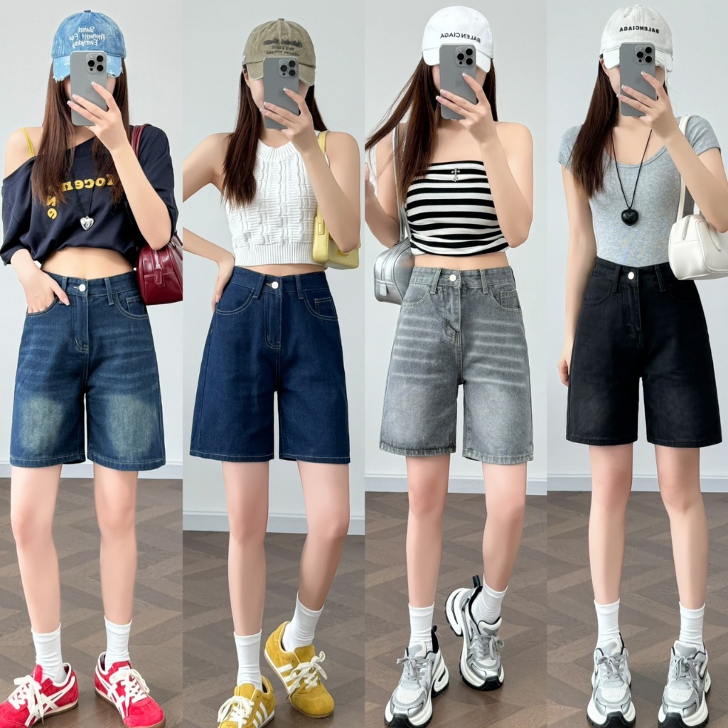 กางเกงยีนส์ขาสั้นวินเทจสามส่วนS-5XL เอวสูงเหนือสะดือ รุ่นคลาสสิค นื้อผ้ายีนส์ไม่ยืด