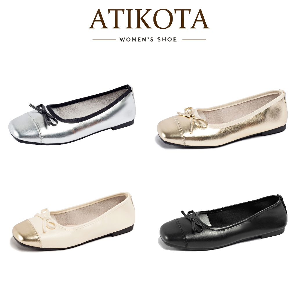 Atikota รองเท้าแบนผู้หญิง ปากตื้น รองเท้าโบว์อารมณ์สง่างาม
