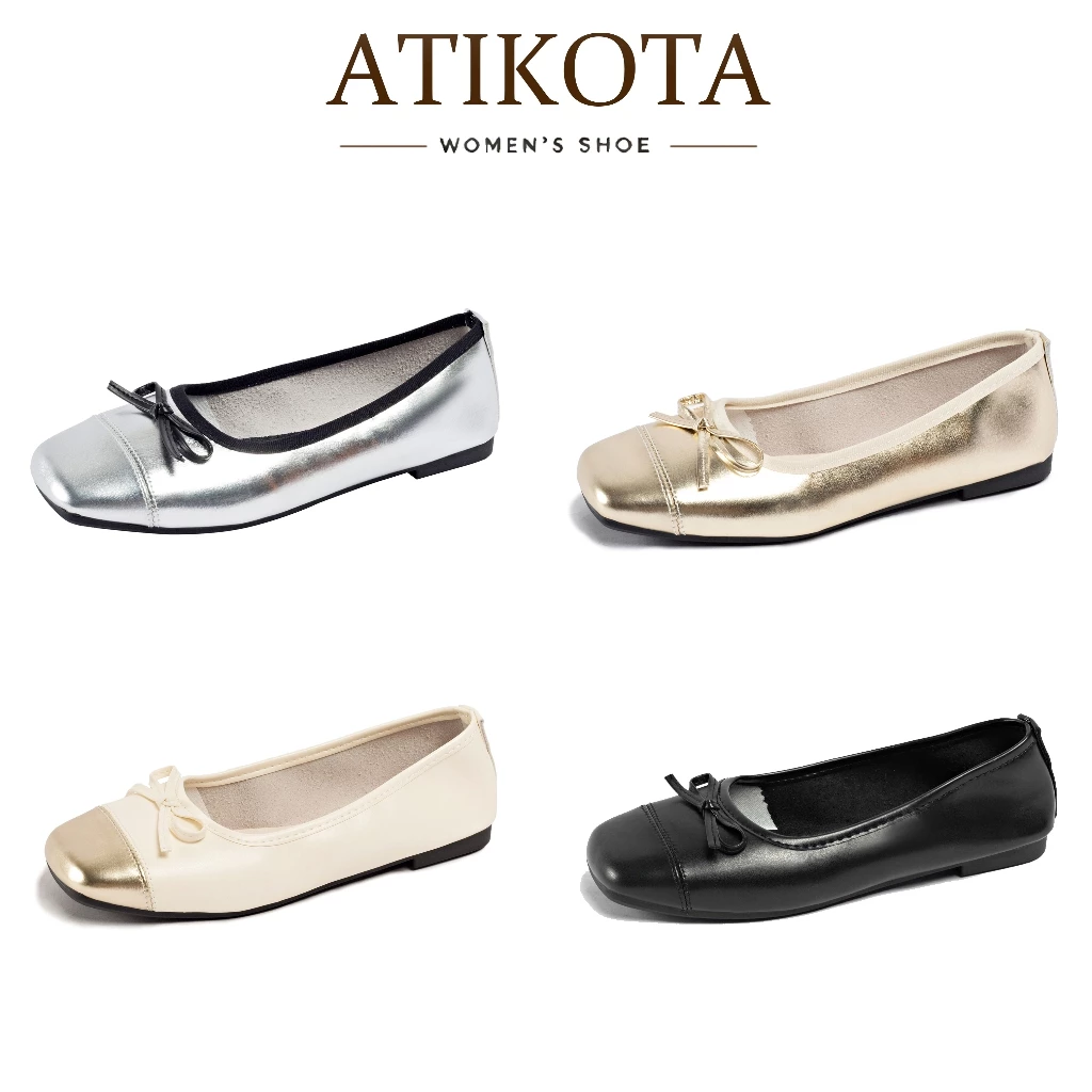 Atikota รองเท้าแบนผู้หญิง ปากตื้น รองเท้าโบว์อารมณ์สง่างาม