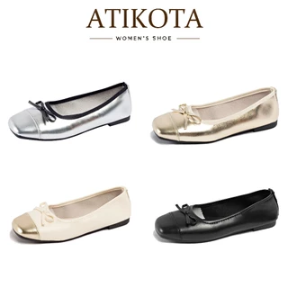 Atikota รองเท้าแบนผู้หญิง ปากตื้น รองเท้าโบว์อารมณ์สง่างาม