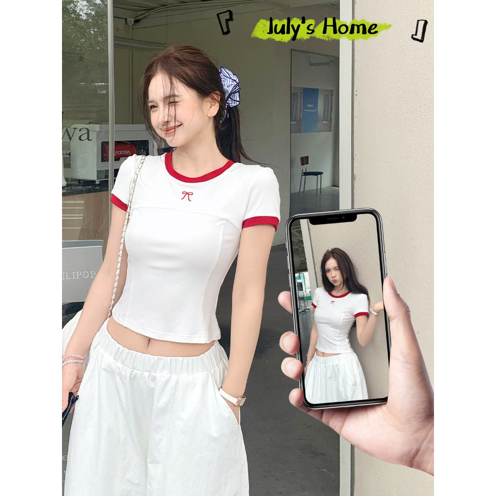 เสื้อคอกลม เสื้อยืดเเต่งโบว์ เเต่งขอบสีเเดง งานปัก ดีไซล์พิเศษ #J2324