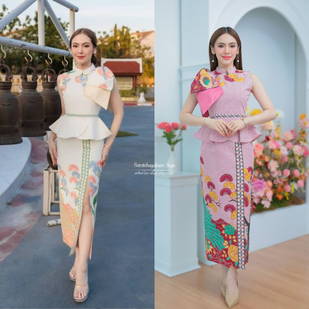 ชุดเดรสยาว ผ้าปาเต๊ะ ปักษาพาเพลิน พิมพ์ลาย คอจีน แต่งโบว์ไหล่ เอวระบาย กระโปรงผ่าหน้า อัดกาวทั้งชุด