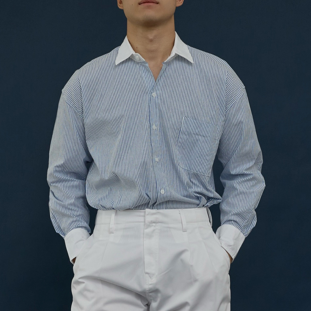 DUMB - Striped Long Sleeve Shirt with White Collar & Cuffs in Overfit pattern เสื้อเชิ้ตแขนยาวลายทางขอบขาวทรงโอเวอร์ฟิต