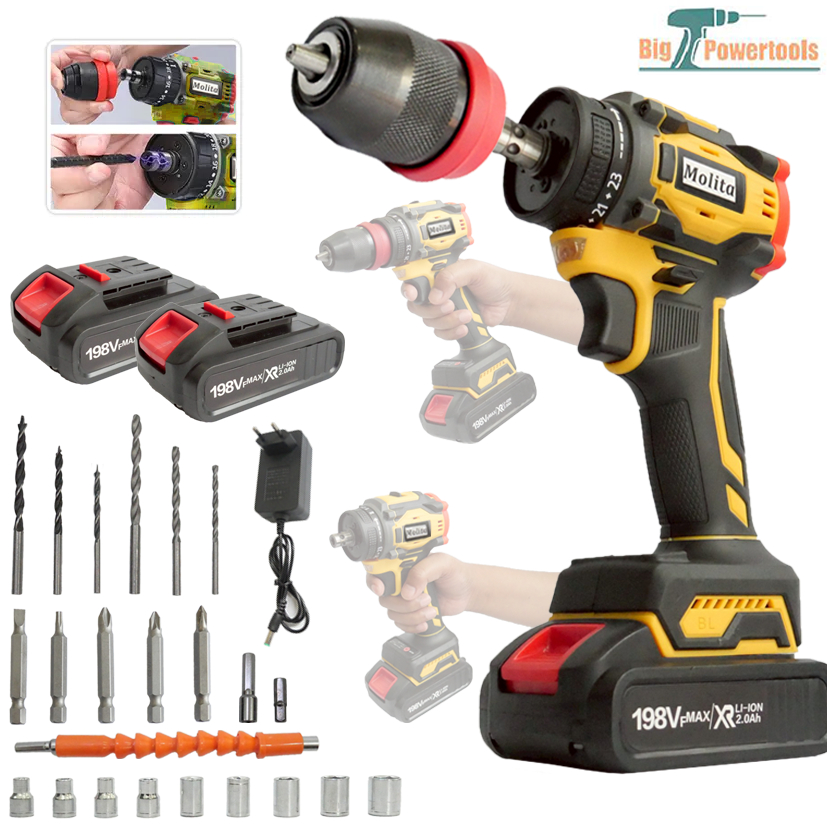 MOLITA สว่านไร้สาย สว่านไร้สายแท้ สว่านไฟฟ้าไร้สาย 198V ไขควง ไฟฟ้า สว่านไขควงไร้สาย สว่านไขควงกระแท