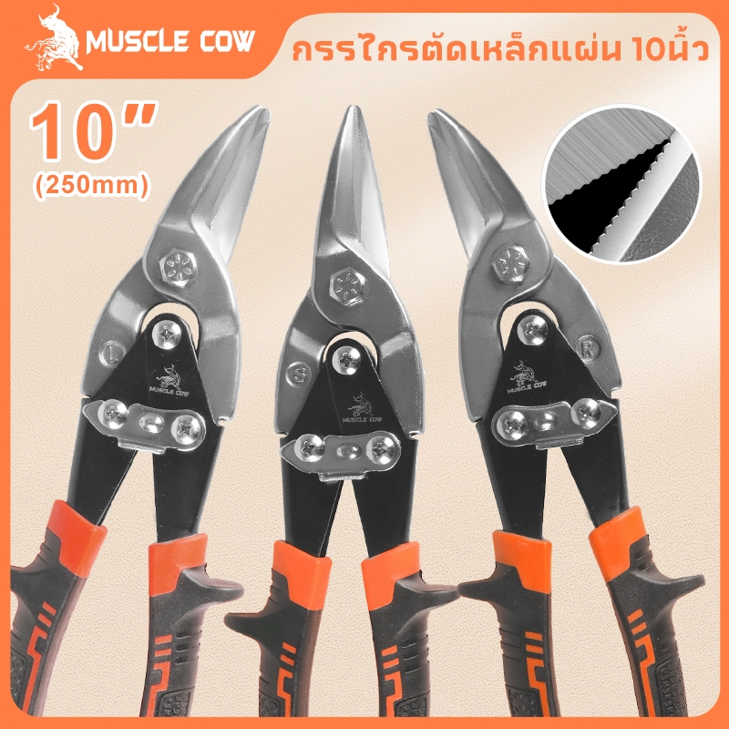 MUSCLE COW กรรไกรตัดเหล็ก 10 นิ้ว กรรไกรเหล็กแผ่น กรรไกรตัดเหล็กแผ่นปากตรง (ตัดตรง ตัดโค้งซ้าย ตัดโค้งขวา) กรรไกรตัดเหล็