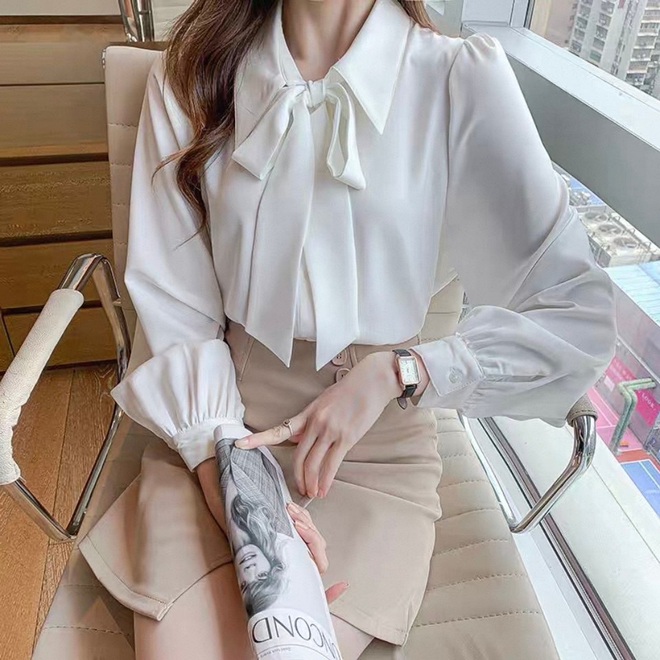 เสื้อสายริบบิ้นผู้หญิงสไตล์เกาหลีแขนยาว เนื้อผ้าซาตินสำหรับคุณทำงาน