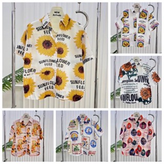 ป้าย Topping เสื้อเชิ้ตแขนสั้นผ้าคอตตอนพิมพ์ลายเจาะกระเป๋าหน…