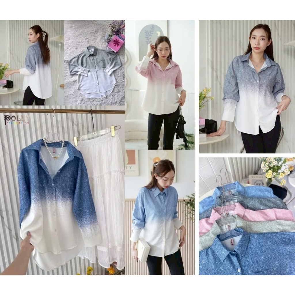 ป้าย Polly เสื้อเชิ้ตผ้าซิลค์คอตตอนสีทูโทน อก 42 นิ้ว ยาว 26 นิ้ว