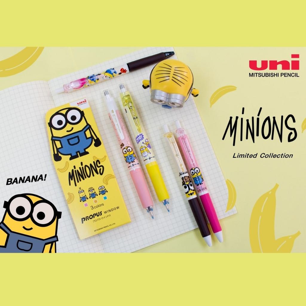 Uni Propus x Uni-ball RE x Minion ปากกาเน้นข้อความ Hilight หน้าต่าง 🌸 ปากกาลบได้ หมึก 3 สี ลายน่ารัก
