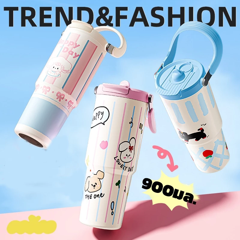 แก้วเก็บความร้อนพกพาสแตนเลส 304 ขนาด 900 มล. ขวดน้ำสแตนเลส 304 ลายการ์ตูนสัตว์ รุ่นอัพเกรดป้องกันฝุ่นและความจุขนาดใหญ่