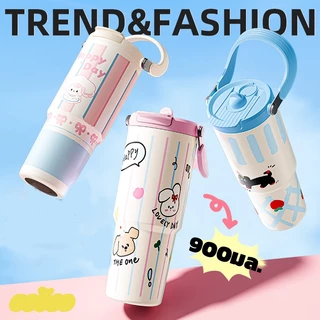 แก้วเก็บความร้อนพกพาสแตนเลส 304 ขนาด 900 มล. ขวดน้ำสแตนเลส 304 ลายการ์ตูนสัตว์ รุ่นอัพเกรดป้องกันฝุ่นและความจุขนาดใหญ่