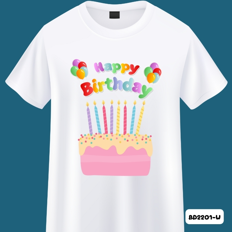 เสื้อวันเกิด ลาย Happy Birthday  เค้ก ลูกโป่ง สีขาว ฟ้า ชมพู เนื้อผ้านุ่ม ใส่สบาย