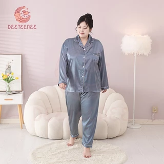 deeteenee ชุดนอนสีพื้น ชุดนอนผู้หญิง Plus Size ชุดนอนคู่ ชุดนอนบิ๊กไซส์ แขนยาว+ขายาว ผ้าซาติน ผ้าเย็นใส่สบาย