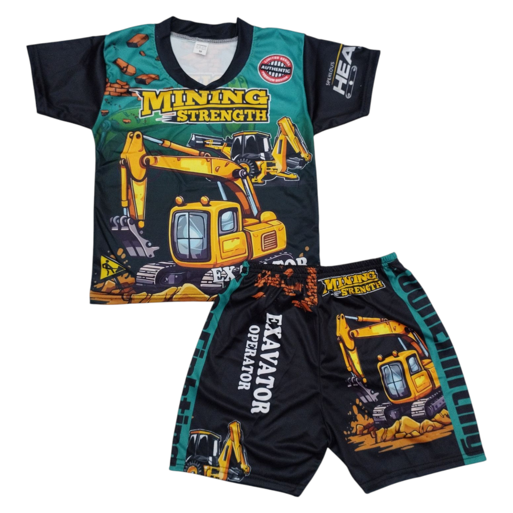 no.2 ชุดเด็ก ลายรถแม็คโคร รถแบคโฮ รถสิบล้อ รถแข่ง ผ้ามันไมโคร ไซส์ S ,M, L