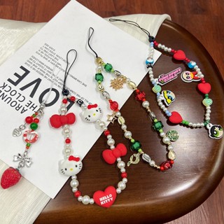 สายคล้องมือ สตอเบอร์รี่พวงกุญแจ โซ่โทรศัพท์ลูกปัดสวยงามลายกา…
