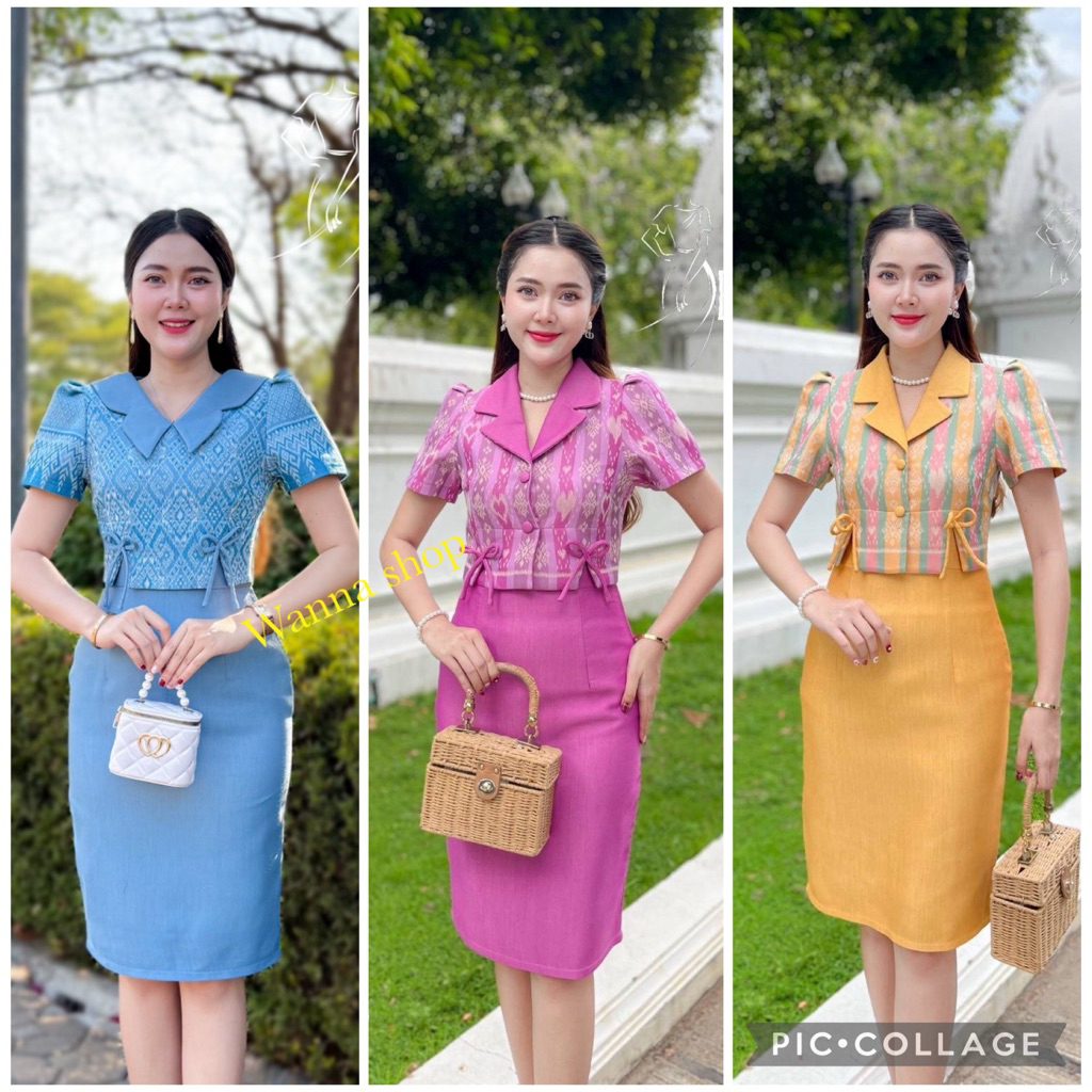เดรสผ้าไทย ผ้าทอลาย คอปกกล้วยหยัก เอวผูกน่ารักๆๆอัดกาวทั้งชุด