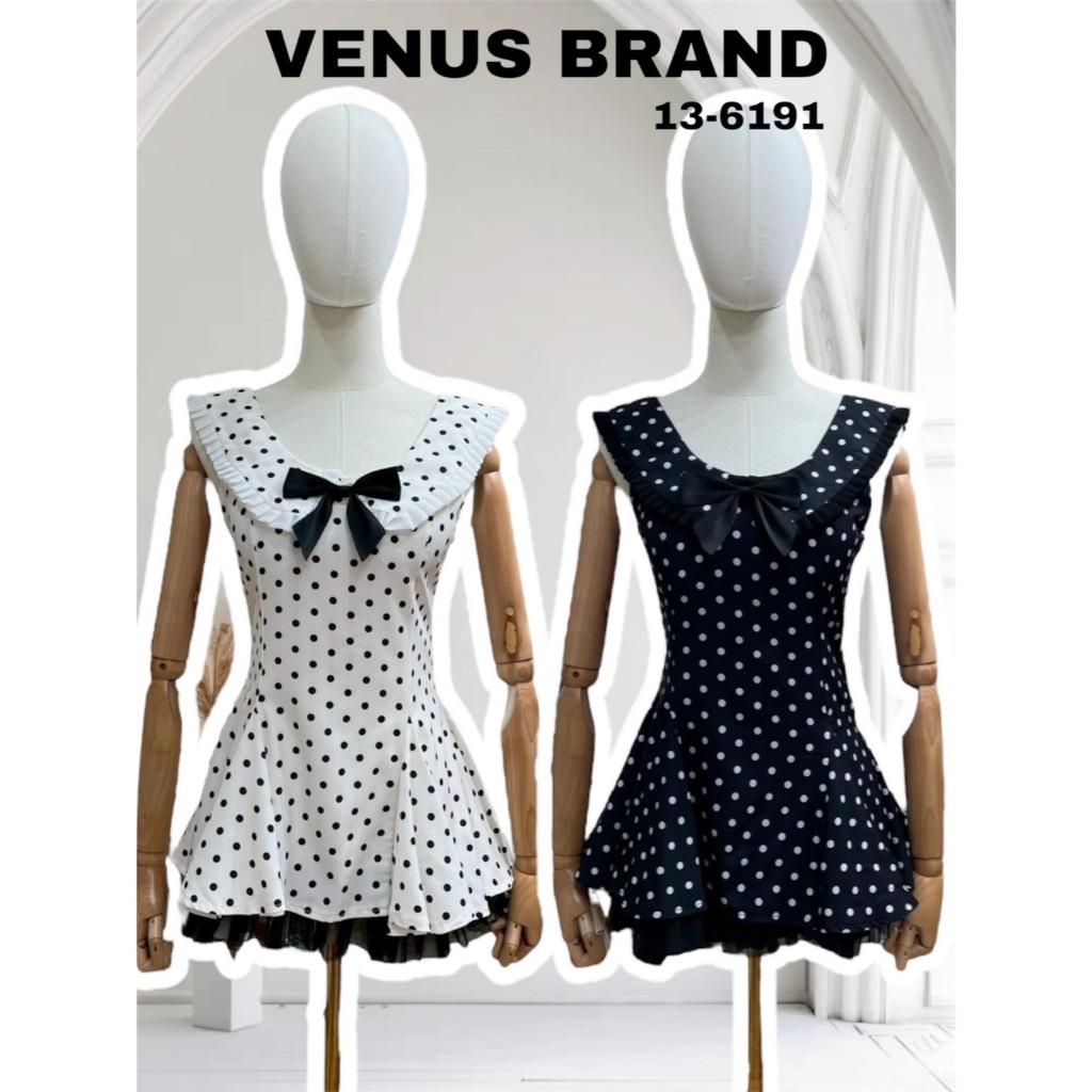 VN 13-6191 Venus ชุดเดรสสั้นดีเทลแขนกุดคอเว้ากลมลาย polkadot มาพร้อมเข็มกลัดโบติดตรงกลาง