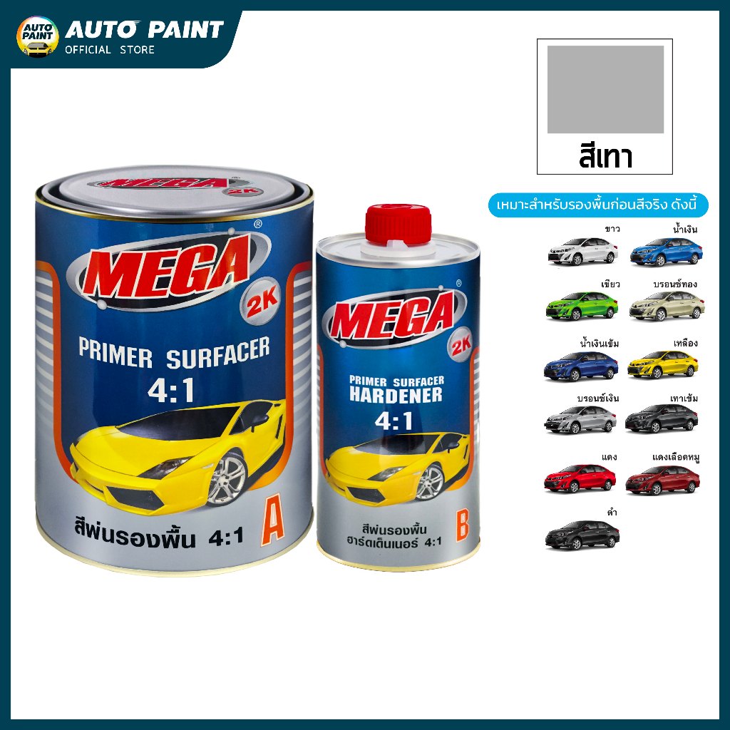 เมกา สีรองพื้นกลบรอย สีเทา 4:1 ขนาด 3 ลิตร P/A และฮาร์ดเดนเนอร์ ขนาด 0.75 ลิตร P/B