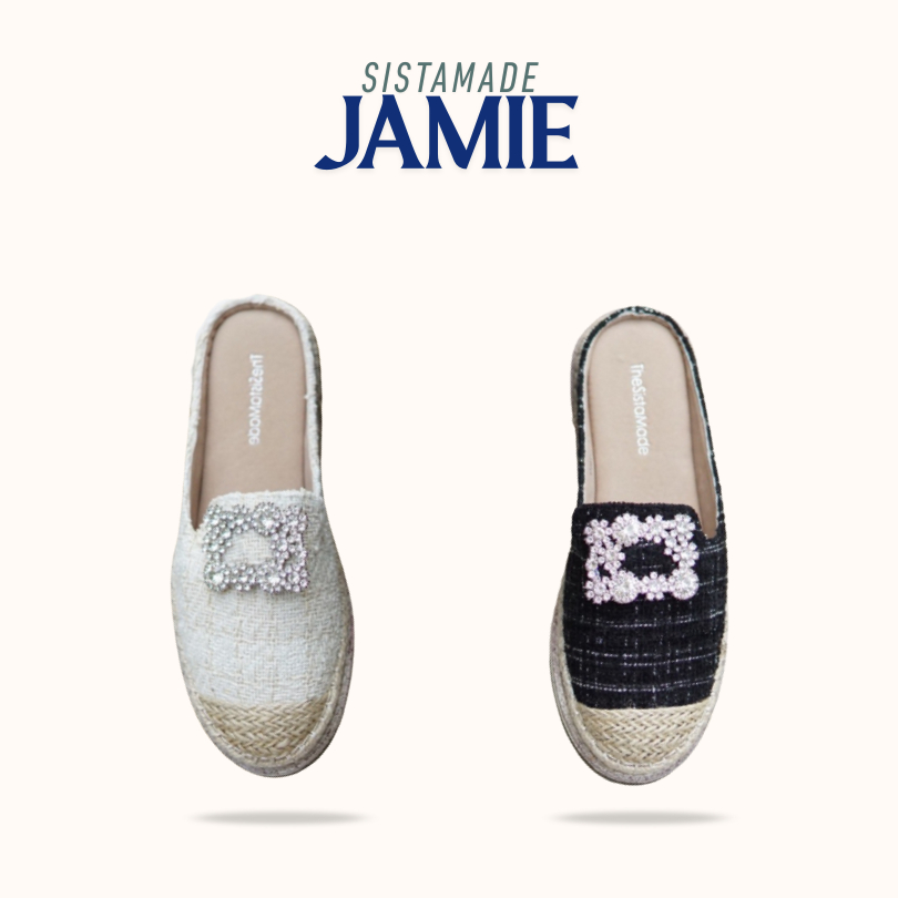 JAMIE เจมี่ ทรงเปิดส้นผ้าทวิต กลัดเพชรเหลี่ยม พื้นซิลิโคน ซับในกำมะหยี่ฟองน้ำ