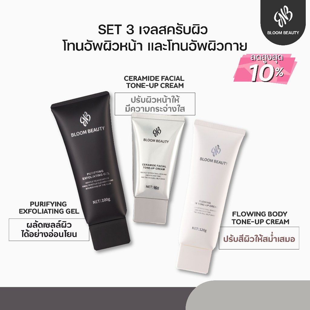Bloom Beauty เซตดูแลผิว 3 ชิ้น โทนอัพผิวกาย120g+เจลสครับผิวหน้า100g+โทนอัพผิวหน้า60g