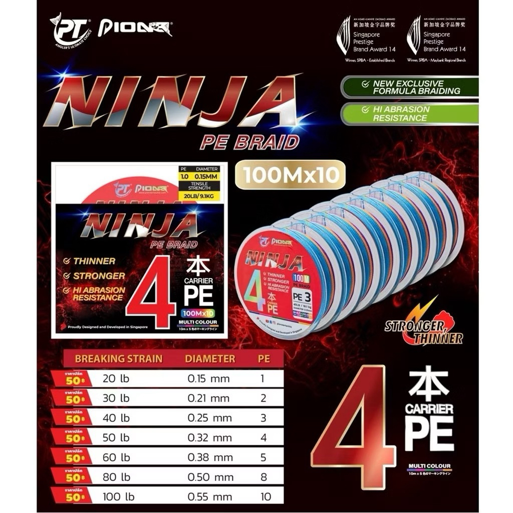 PIONEER สายPE X4 รุ่น NINJA (ถัก4) 1 ม้วน 100 M {สามารถสั่งแบบม้วนต่อเนื่องได้)