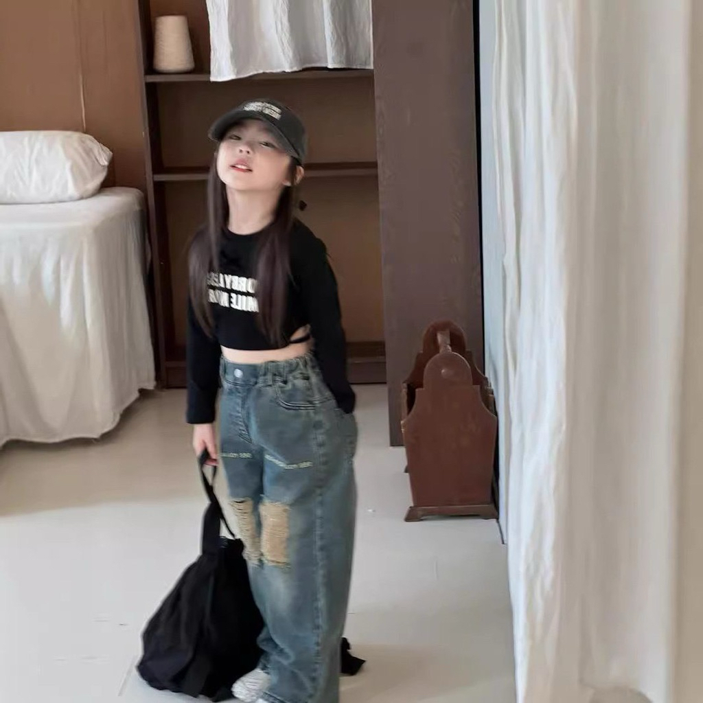 [Namsaii kids]🔥พร้อมส่ง🔥 A-024 เสื้อดำแขนยาว+กางเกงยีนส์แท้ ออริ ชุดสไตล์เกาหลี สวยมากตรงปกผ้าดีมาก
