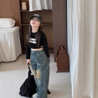 [Namsaii kids]🔥พร้อมส่ง🔥 A-024 เสื้อดำแขนยาว+กางเกงยีนส์แท้ ออริ ชุดสไตล์เกาหลี สวยมากตรงปกผ้าดีมาก
