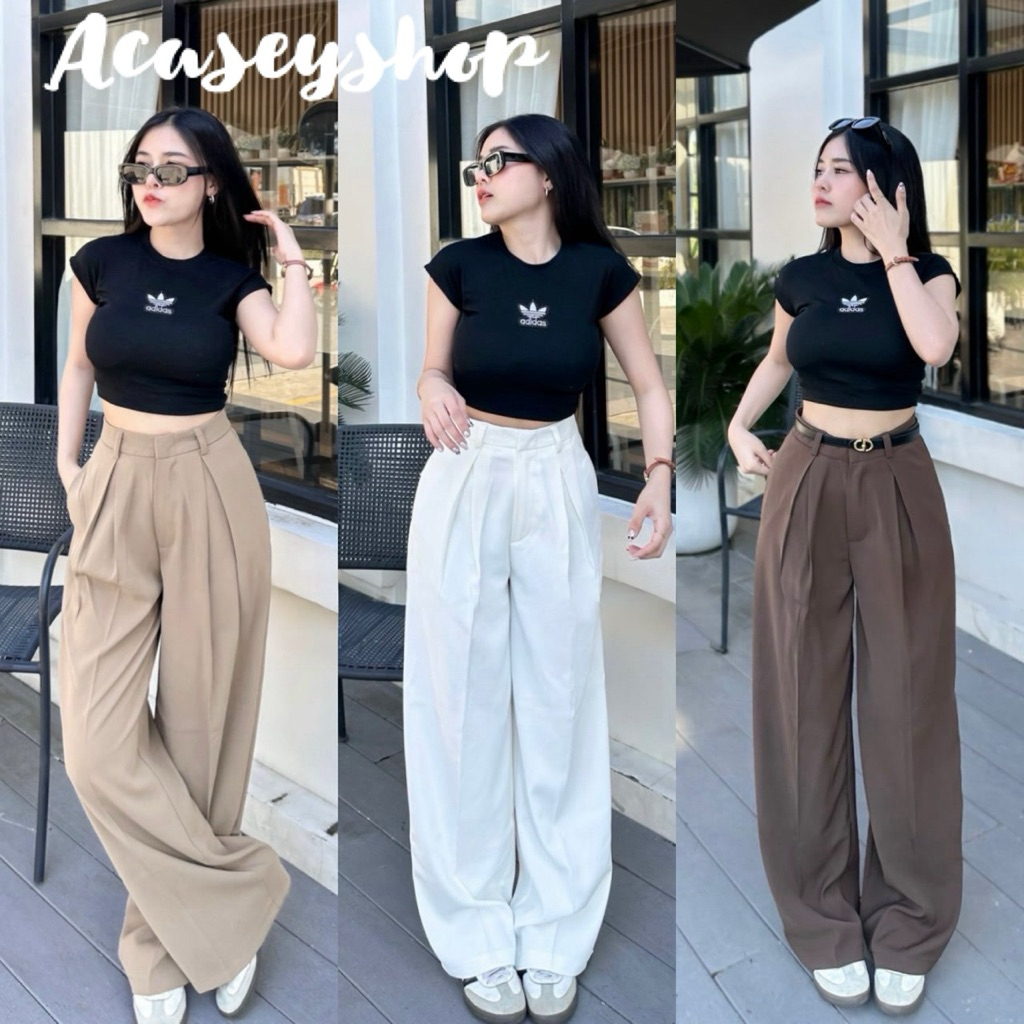 Acasey กางเกงขายาวผู้หญิง จีบทวิส ทรงกระบอกใหญ่ ผ้าลิลลี่ MALI LILY เนื้อผ้านิ่ม