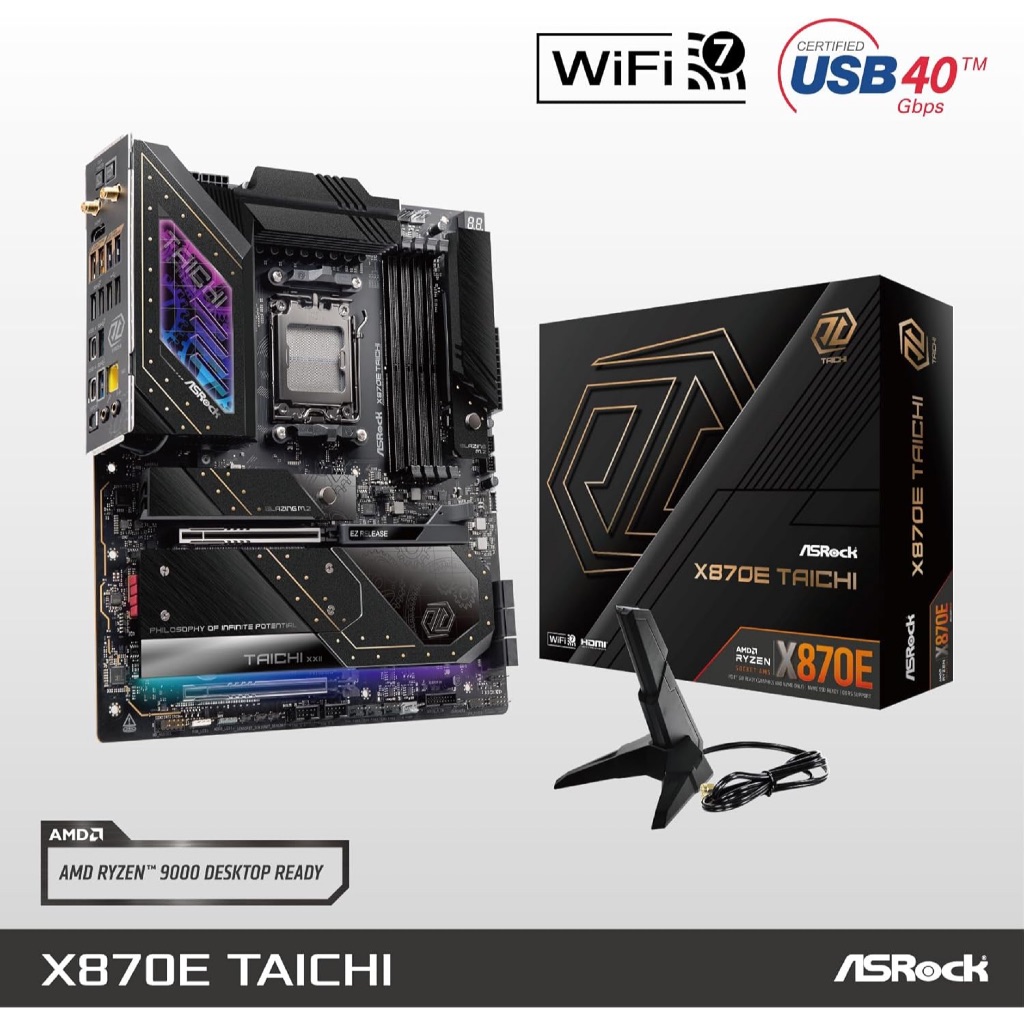 ASRock AMD X870E Taichi Ryzen Socket AM5 X870 Dual Channel DDR5 DIMMs 256 GB 8200 EATX Motherboard
